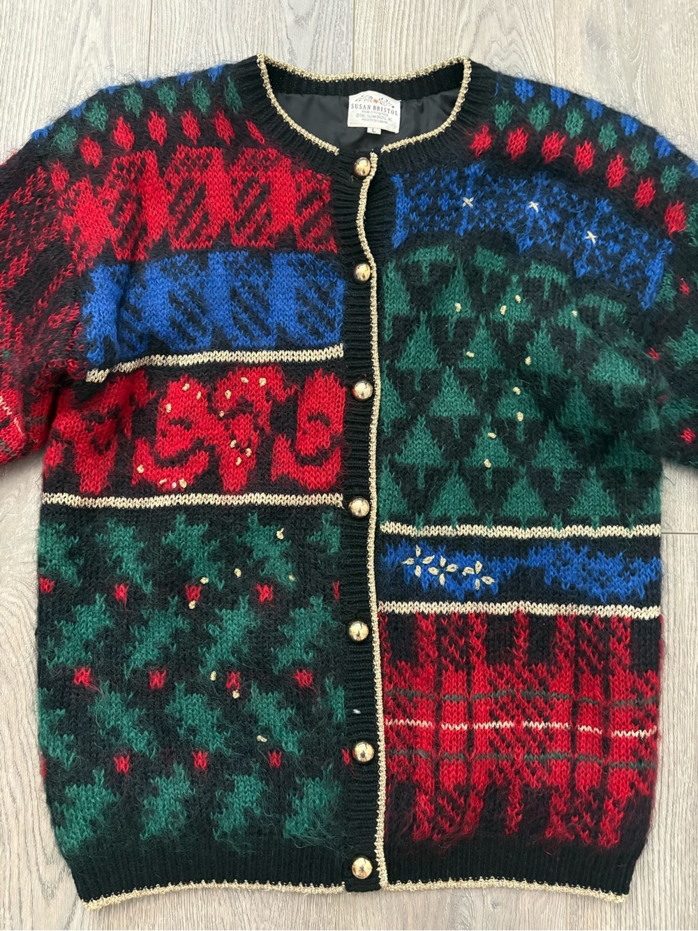 Susan Bristol Multicolor Patchwork Mohair Cardigan - Red, Green & Blue